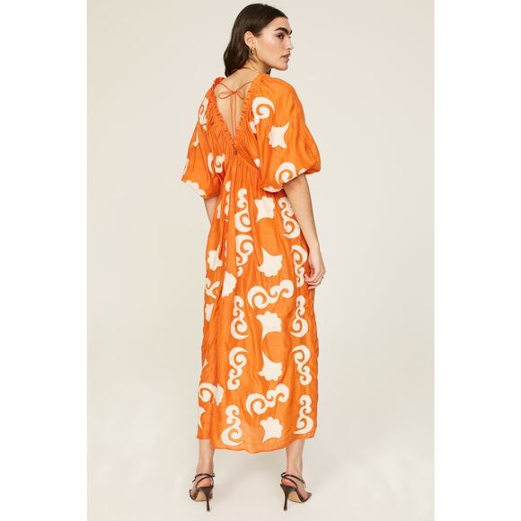 CHUFY Orange White Design Cupro Blend 3/4 Sleeves Lucia Maxi Dress Size Medium - Picture 3 of 16